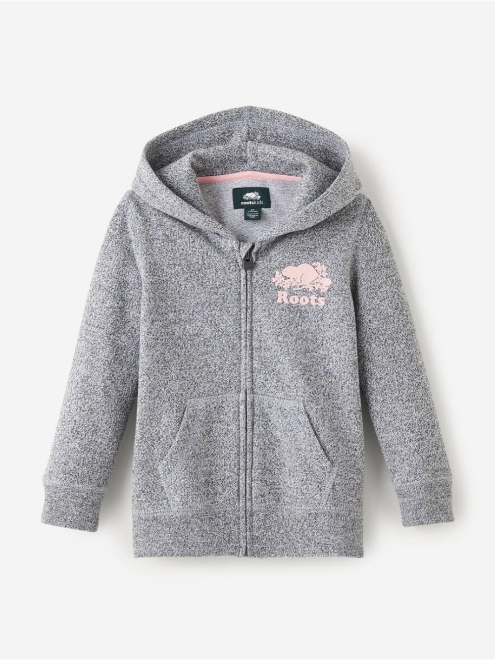 Roots Kids Original Salt & Pepper Full Zip Hoodie Pink Logo 3T